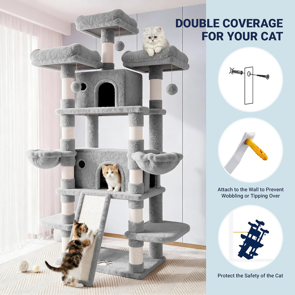 Allewie 82 Inches Large Cat Tree/House/XXL Tall Cat Towers for Big Feline/Scratching Post/Multi-Level Large Kitty Climbing Tree with Condo/Light Grey