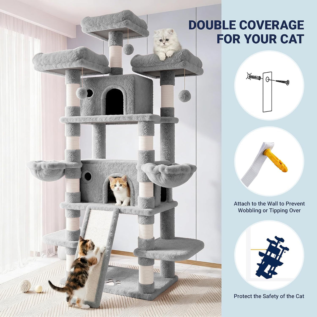 Allewie 82 Inches Large Cat Tree/House/XXL Tall Cat Towers for Big Feline/Scratching Post/Multi-Level Large Kitty Climbing Tree with Condo/Light Grey