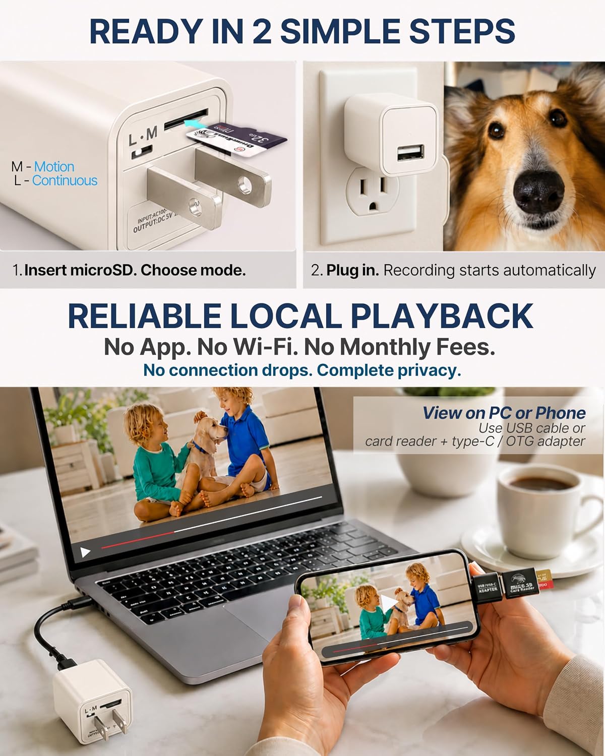 1080p Dome Cam, Motion Detection, microSD Slot, Easy Setup, App-Free, No Live View-Data Protected, Video-Only - Plug-in Premium Reliable Pet Camera for Pet Nanny Use, with 64GB Card