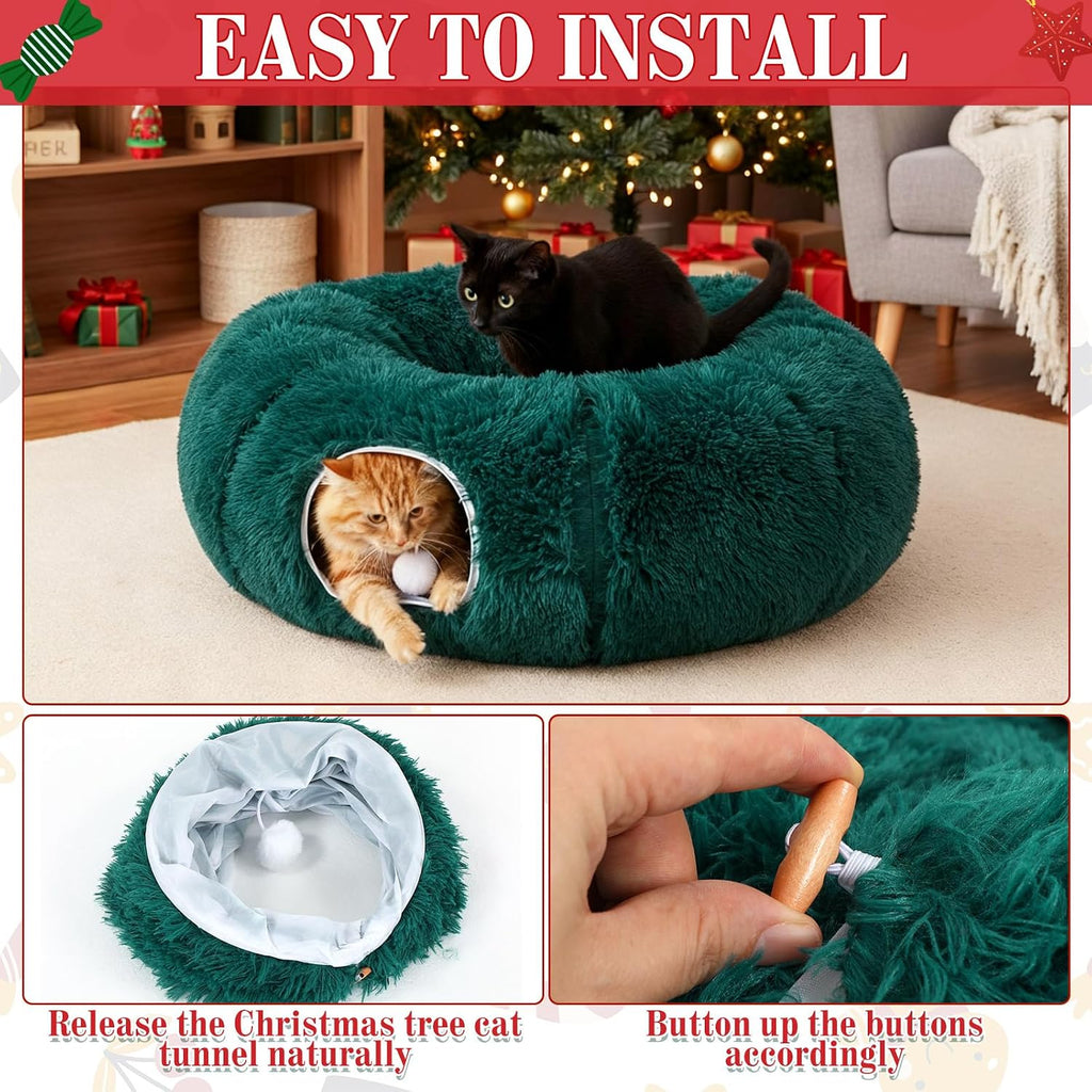 Christmas Tree Cat Tunnel 36 in Donut Bed, Green, Plush, Fluffy