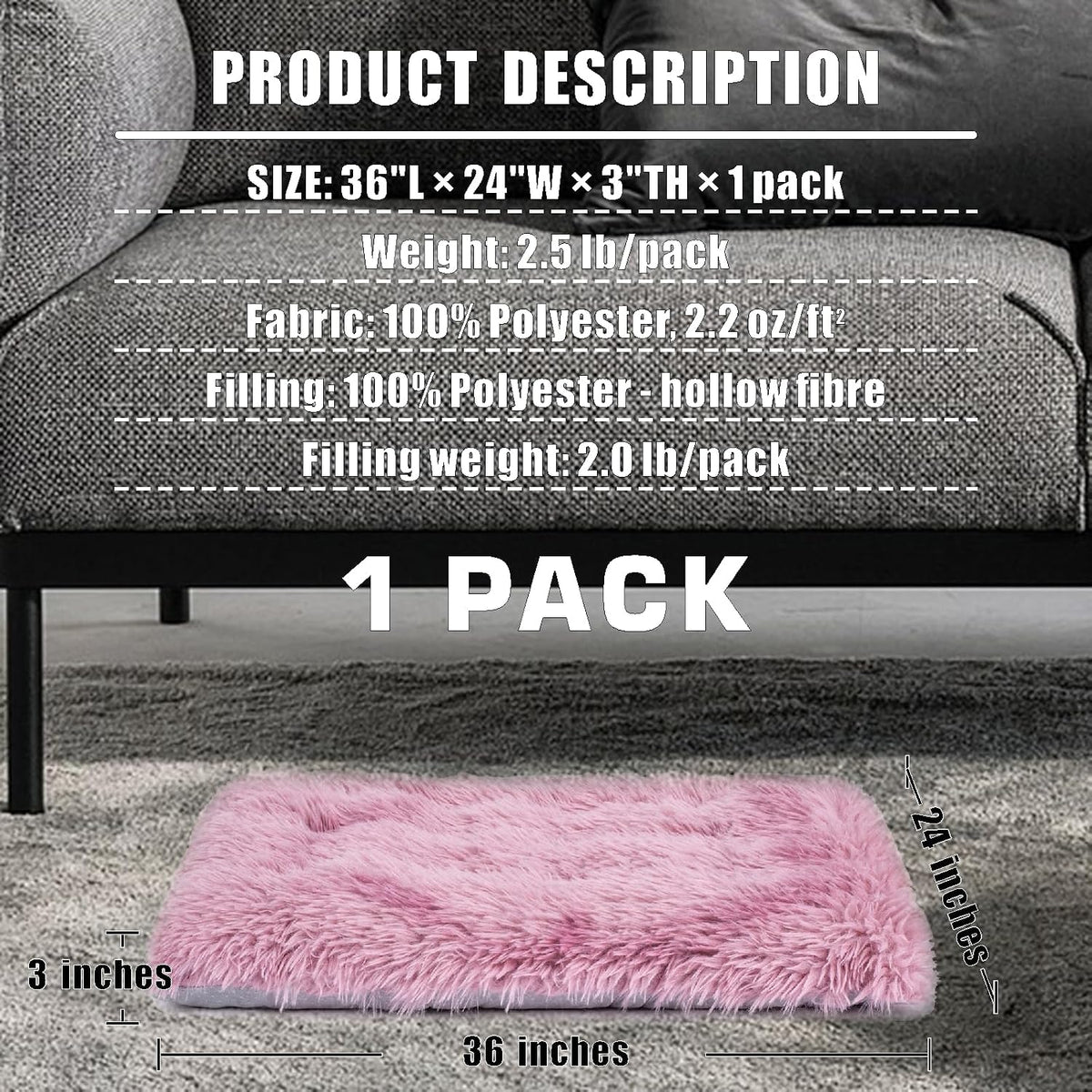 Machine Washable Dog Bed, Deluxe Plush Dog Crate Pad and Cat Bed, Anti-Slip Bottom Kennel Pad Mat, Fuzzy Pet Beds for Large, Medium, Small Dogs Breeds (Pink Mauve, 36.0"L x 24.0"W x 3.0"Th x 1 Pack)