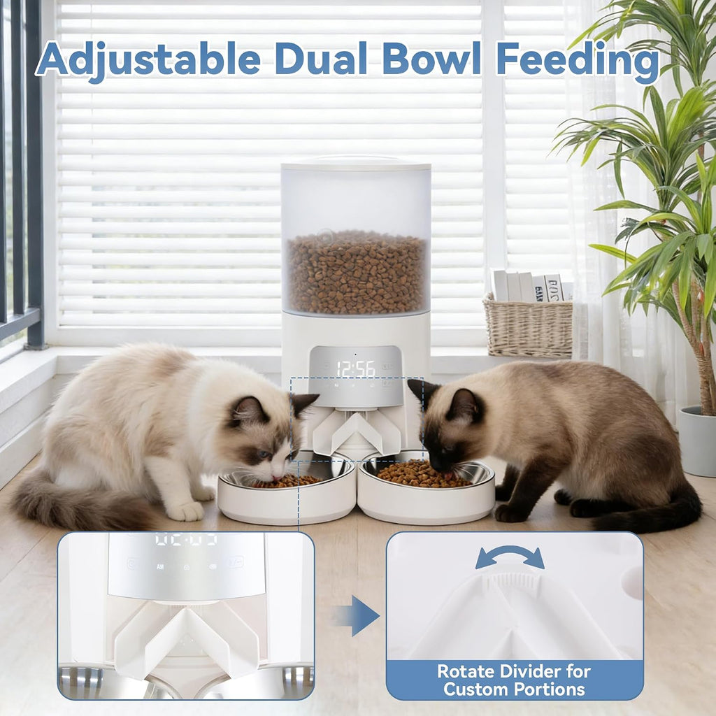DUMOS 6L Automatic Cat Feeder for 2 Cats, Timed Pet Food Dispenser, White