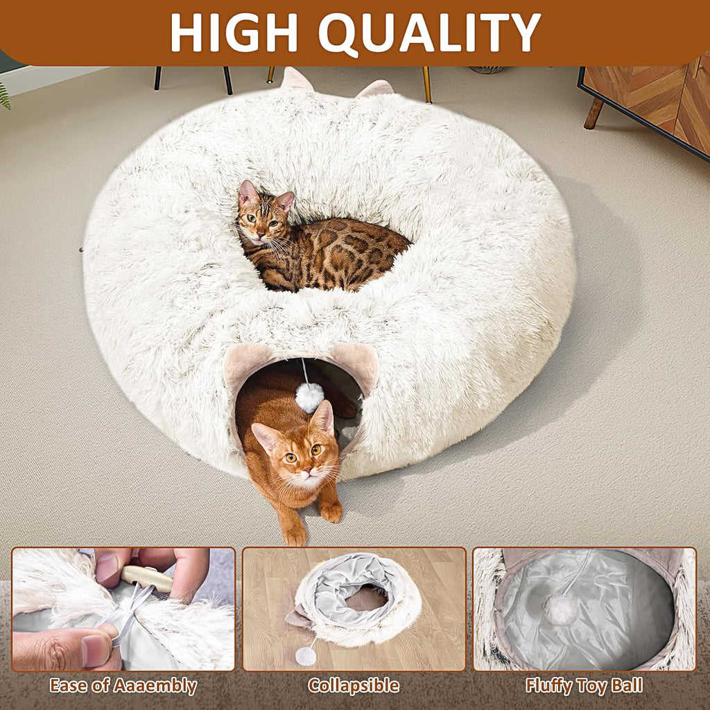 Cat Tunnel with Cat Bed for Indoor Cats, Soft Plush Peekaboo Cat Cave Donut Tunnel, Multifunctional Playground Toys Hideplace for Small Medium Large Kittens, Rabbit, Ferret (Cream White)
