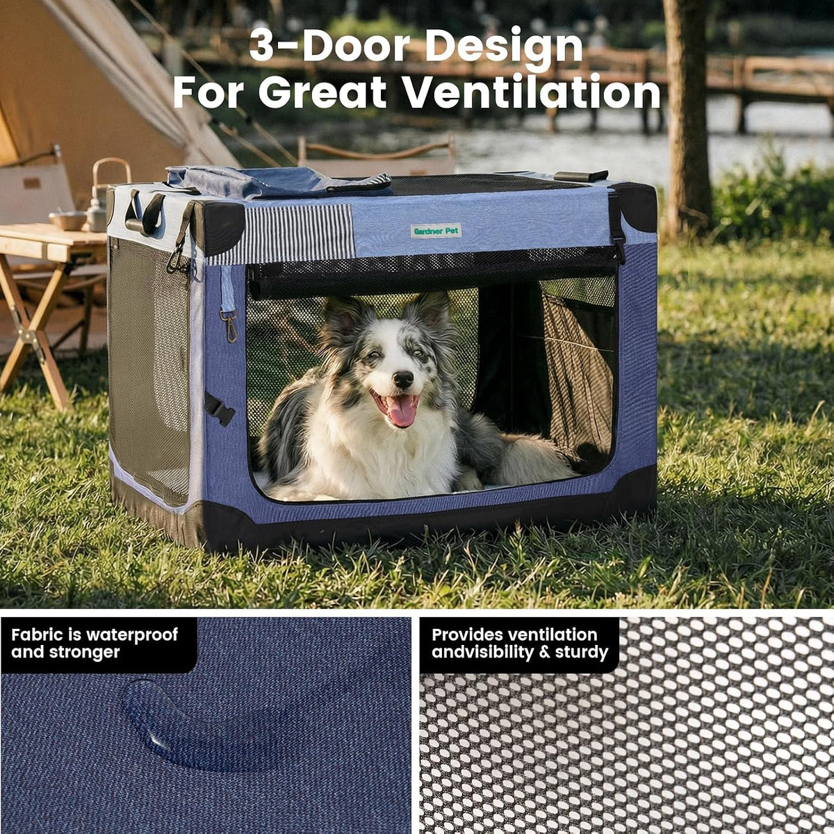 Gardner Pet Soft Collapsible Dog Crate - 26 Inch Portable Travel Dog Crate for Puppy/Small Dogs Indoor & Outdoor, 3-Door Pet Crate with Durable Mesh Windows & Storage Bag, Blue