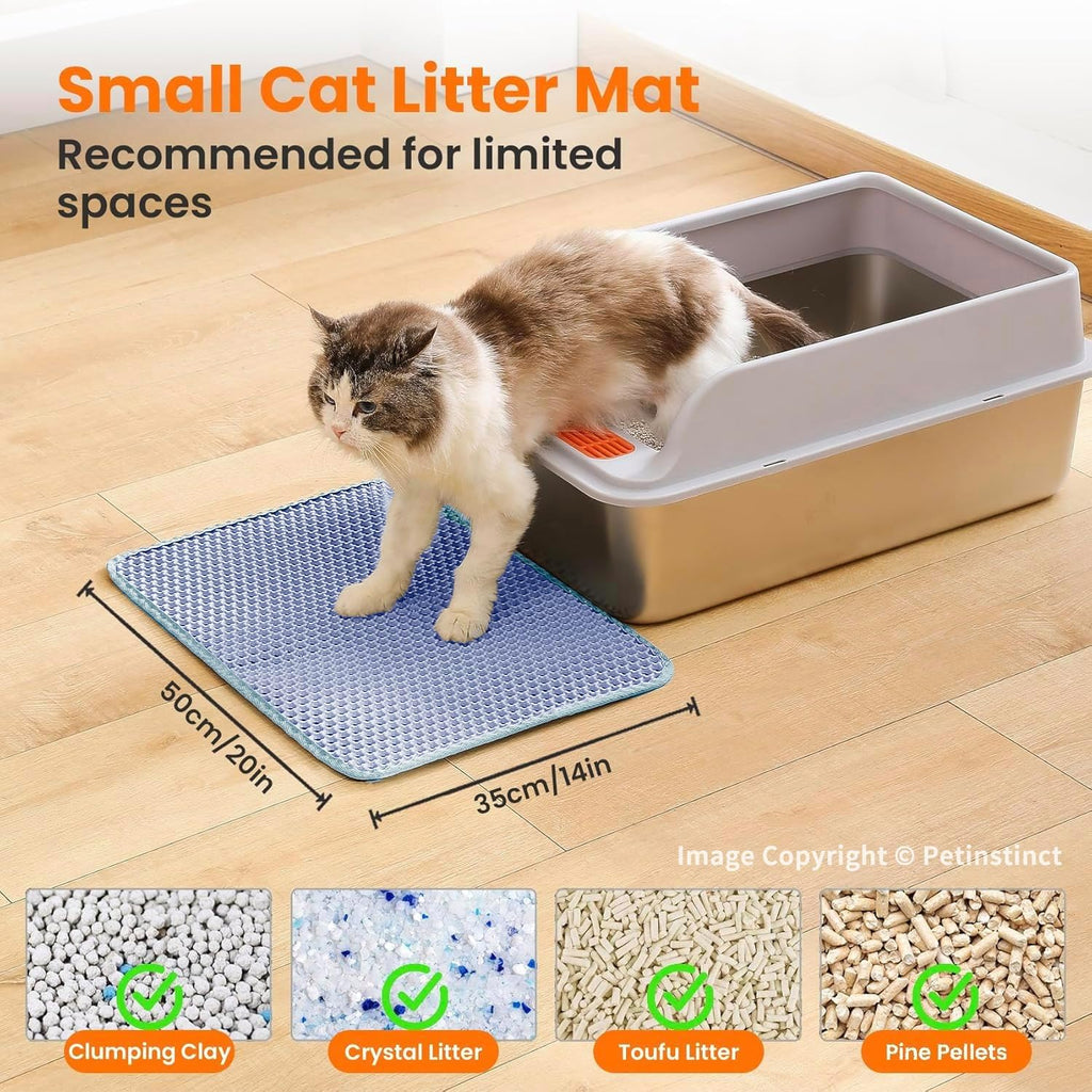 Small Cat Litter Mat, Double Layer Honeycomb Litter Box Mat | 20x14”, Reduces Litter Tracking, Waterproof, Non-Slip, Soft on Paws, Scratch Resistant, Easy to Clean, Blue