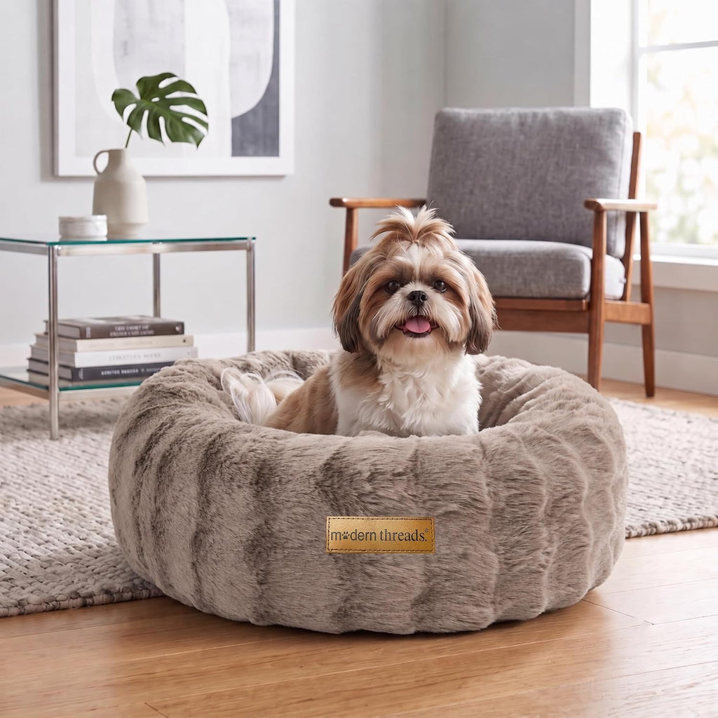 Modern Threads Calming Donut Dog Bed for Small Dogs, Plush Round Faux Fur Pet Bed with Raised Bolster, Soft Washable Dog Bed, 24x24x9, Taupe
