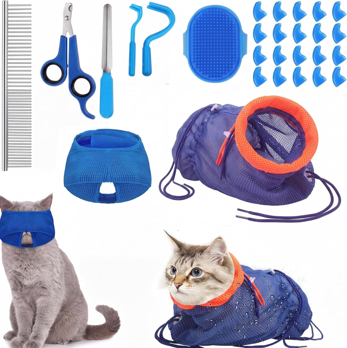 9 Pcs Cat Bathing Bag Set Cat Shower Bag, Navy Blue