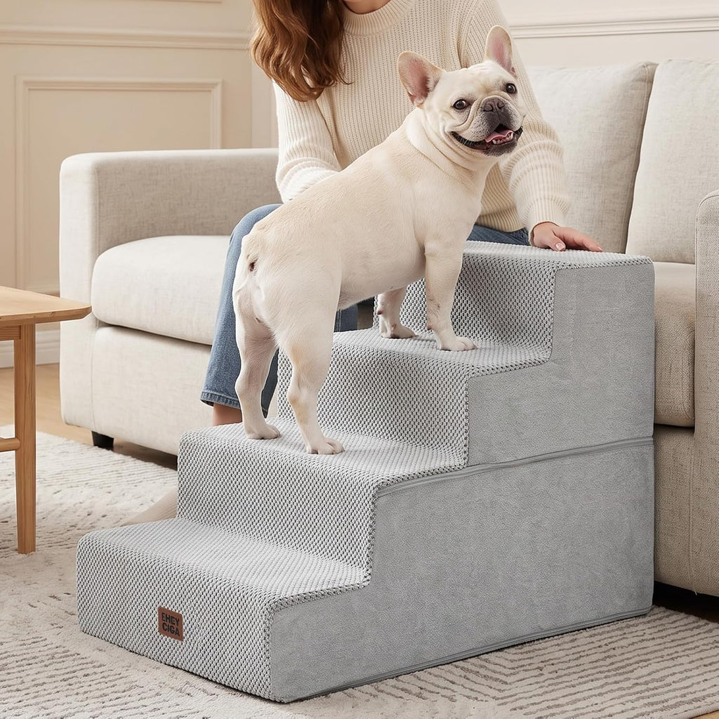 EHEYCIGA Dog Stairs for Bed 18" H, 4-Step Extra Wide Dog Steps, Light Grey