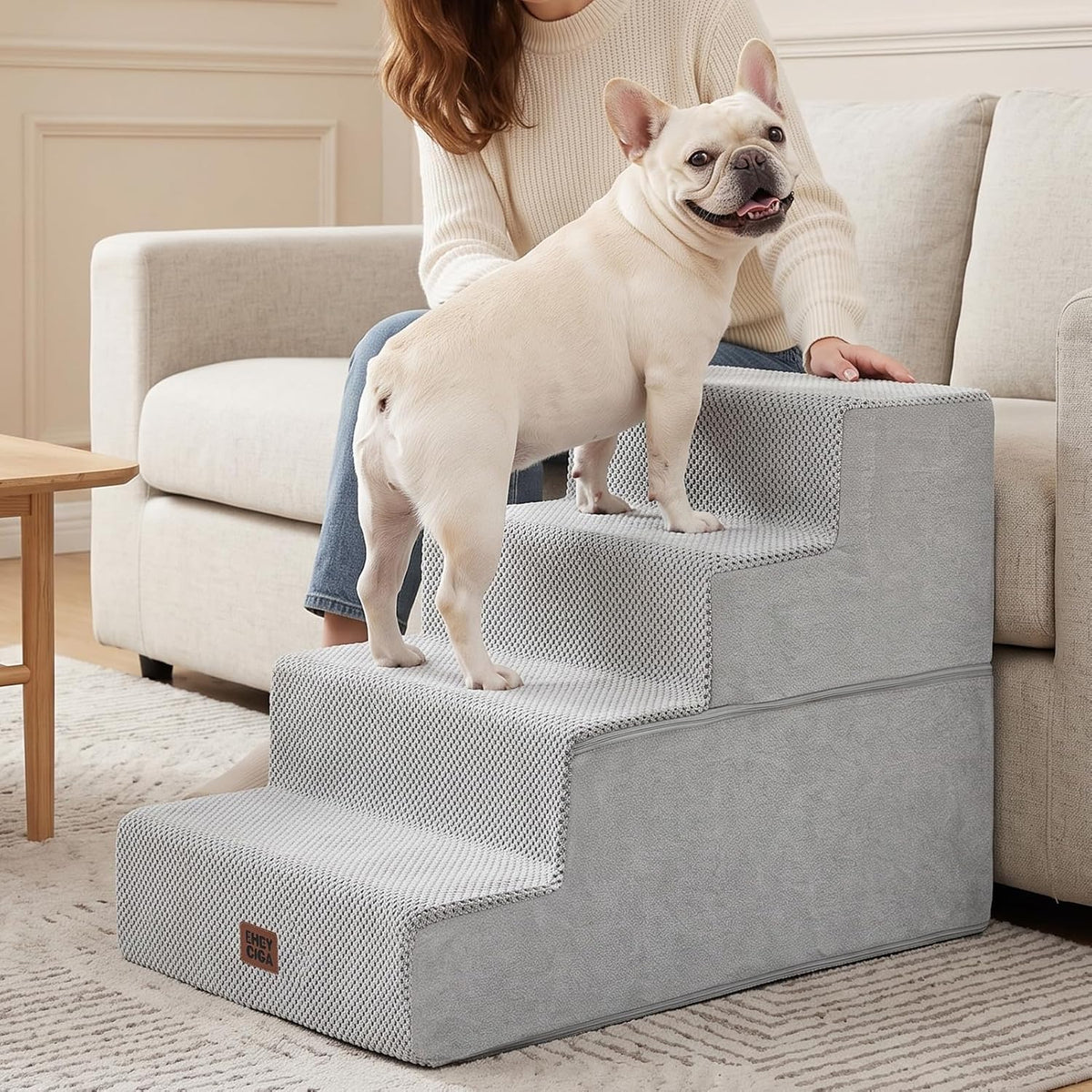 EHEYCIGA Dog Stairs for Bed 18" H, 4-Step Extra Wide Dog Steps, Light Grey