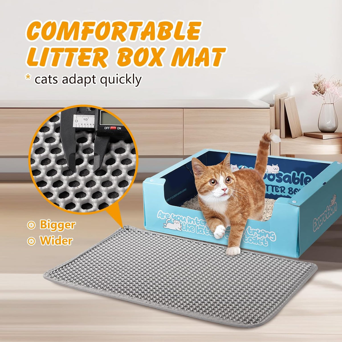 ondware Cat Litter Mat 24 x 15 in, Double Layer, Waterproof, Gray | Honeycomb EVA litter trapper, urine-proof non-slip base, soft on paws, easy shake or rinse clean