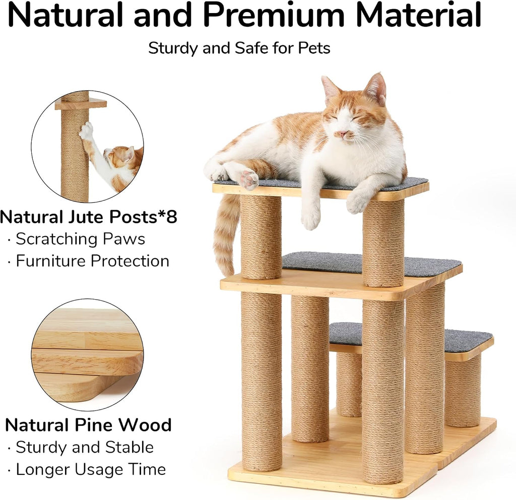 FUKUMARU Dog Stairs, Solid Wood Pet Stairs with Cat Scratching Post
