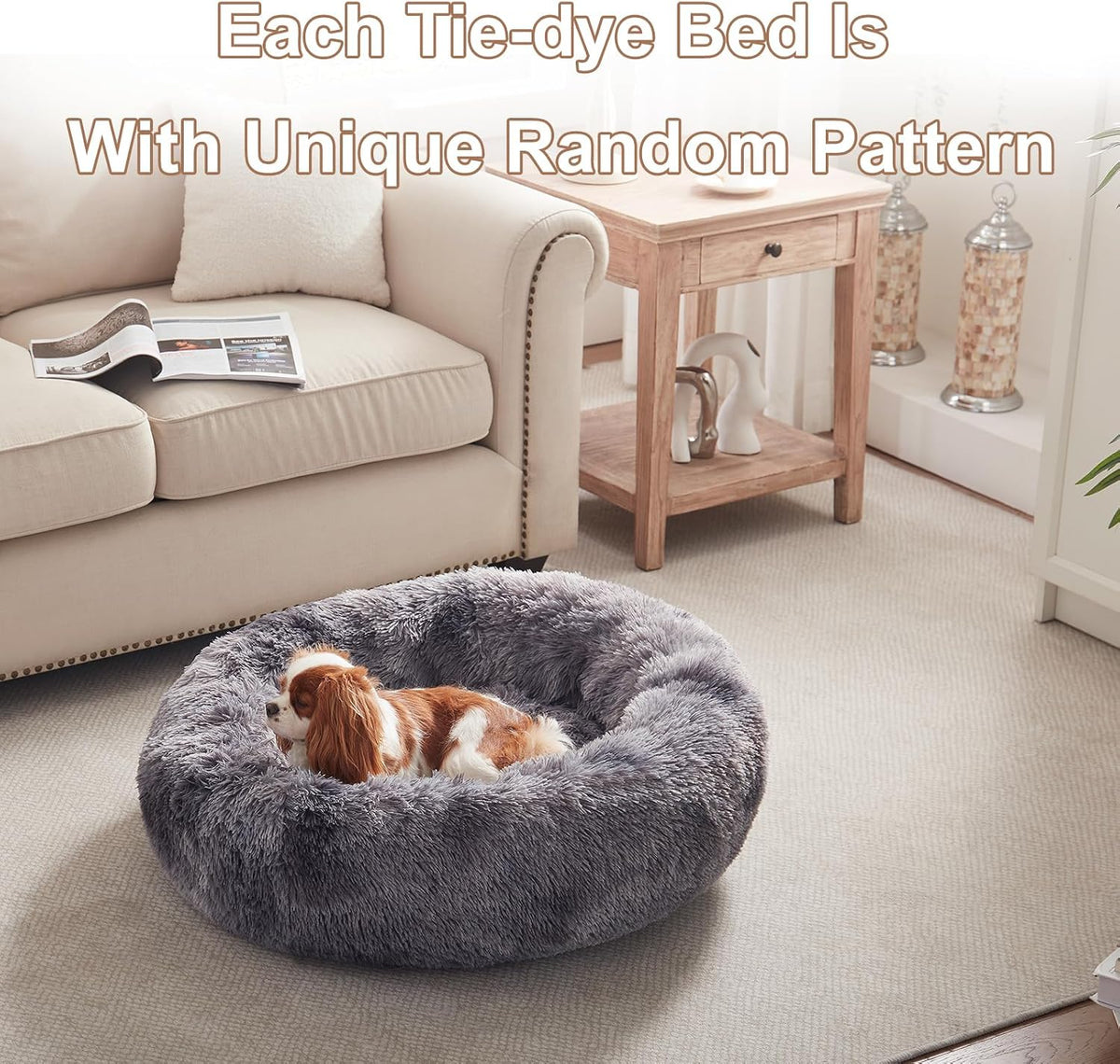 30 in Faux Fur Fluffy Donut Dog Bed for Medium Dogs,Tie-dye Grey