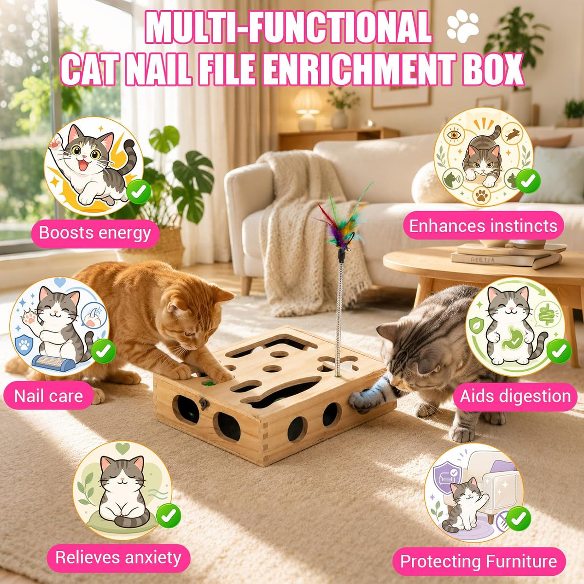 Large Cat Nail File Box, Sturdy Wood with 3 Small Balls & 2 Cat Teaser