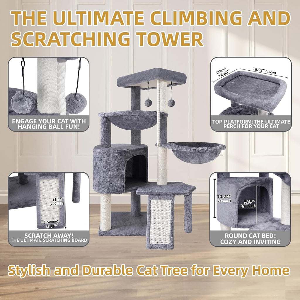 Three Layer Cat Tree with Cat Condo and Two Hammocks,Grey