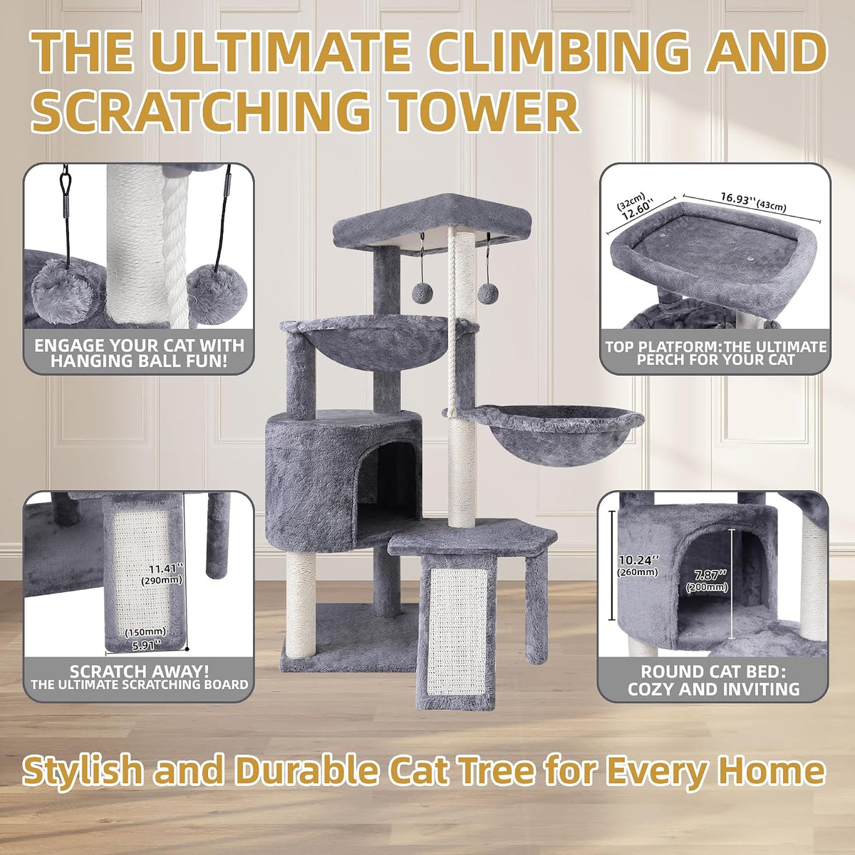 Three Layer Cat Tree with Cat Condo and Two Hammocks,Grey