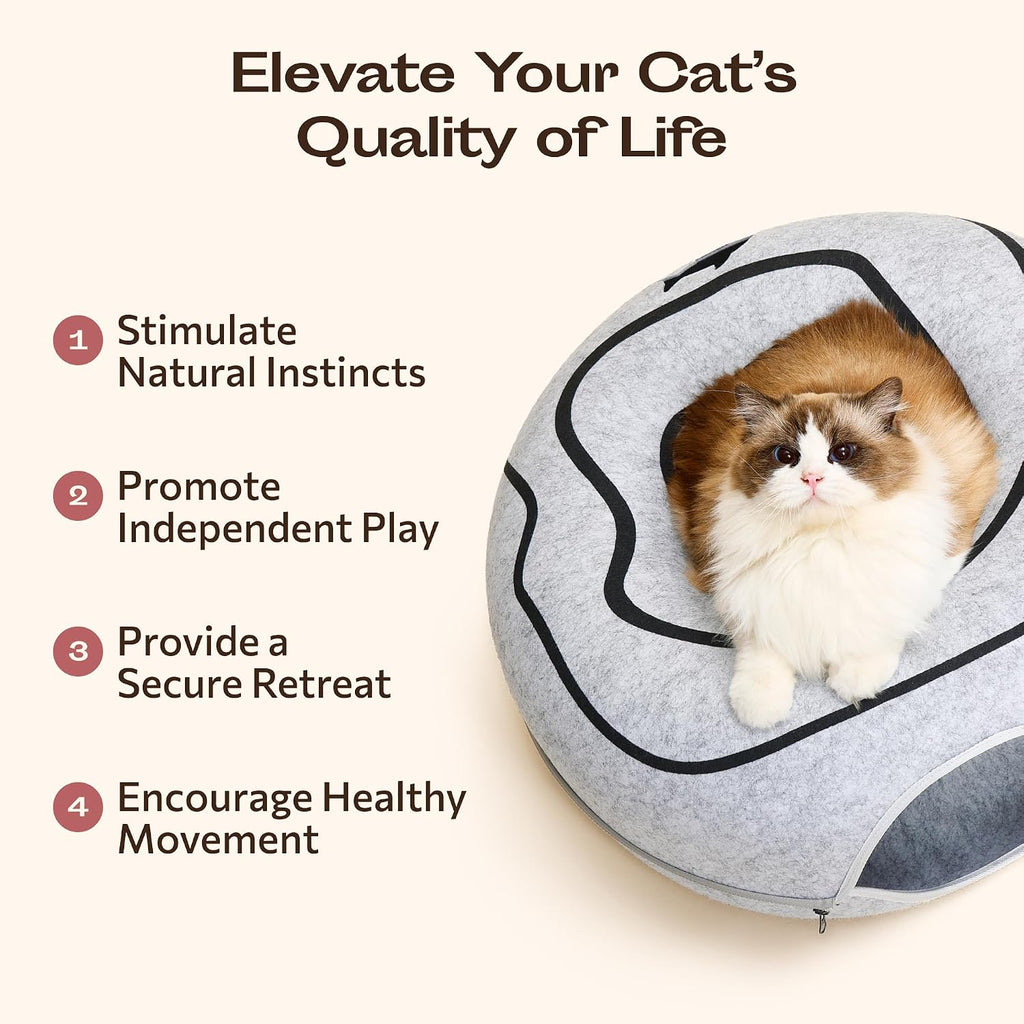 Peekaboo Cat Cave Donut - Cat Tunnel Bed for Indoor Cats – Cute Patterns Hideaway for Multiple & Large Cats, Scratch-Resistant (Light Gray)