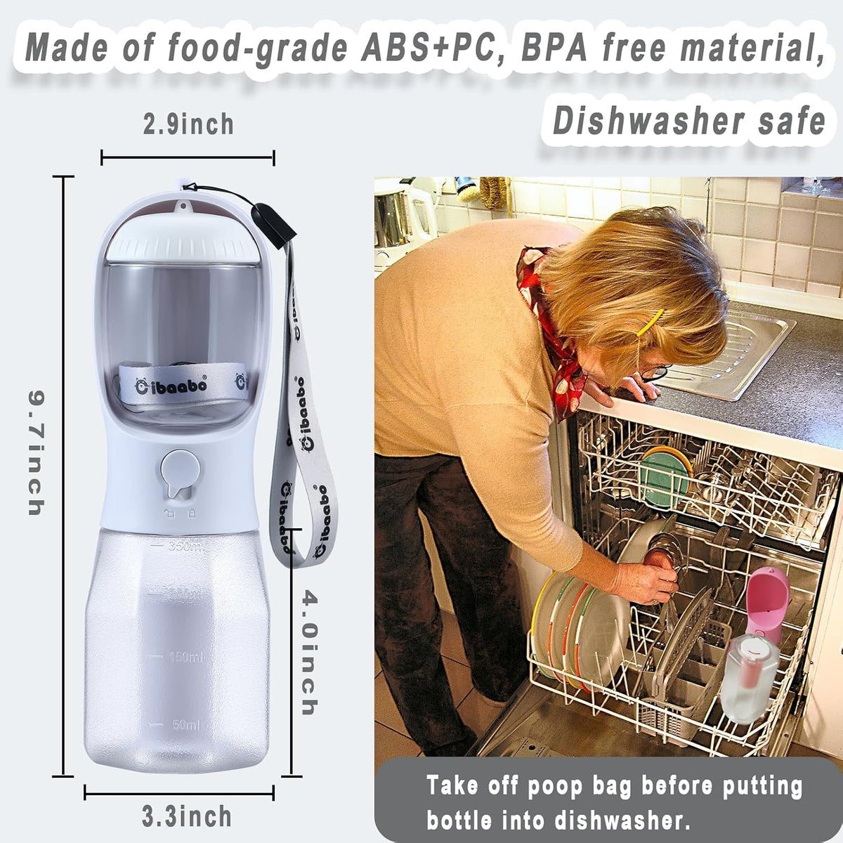 Cibaabo Dog Water Bottle with Food Container & Poop Bag Holder & Filter | Feeding & Hydration & Waste All in One | Travel Puppy Water Bowl | Portable Pet Dispenser | Dog Gifts | for Walking Beach