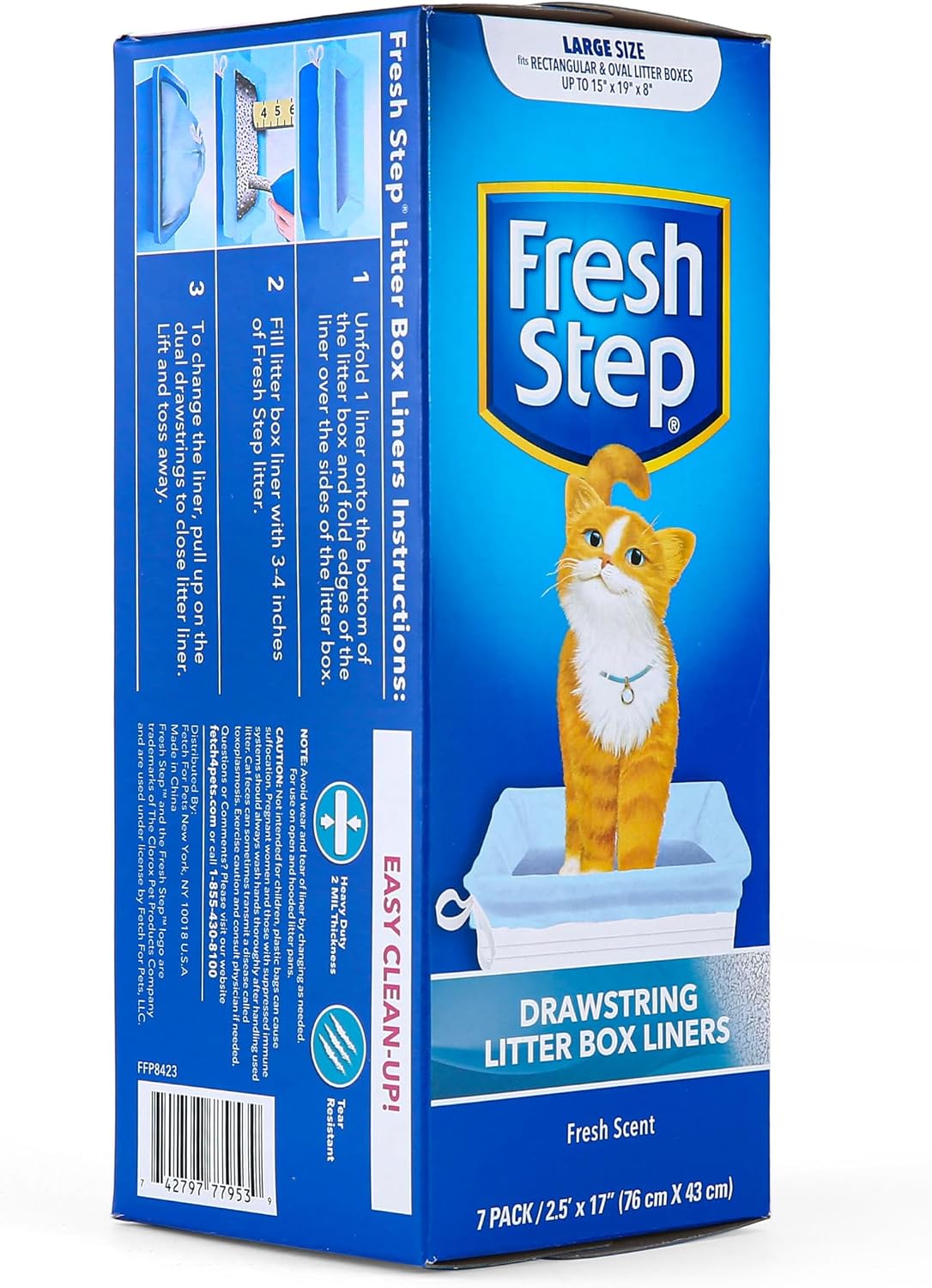 Fresh Step Drawstring Cat Litter Box Liners, Scented, 2.5 ft x 17 in, 7 Ct | Heavy-duty bags for large oval or rectangle pans, drawstring closure for easy, mess-free lift-out cleanup