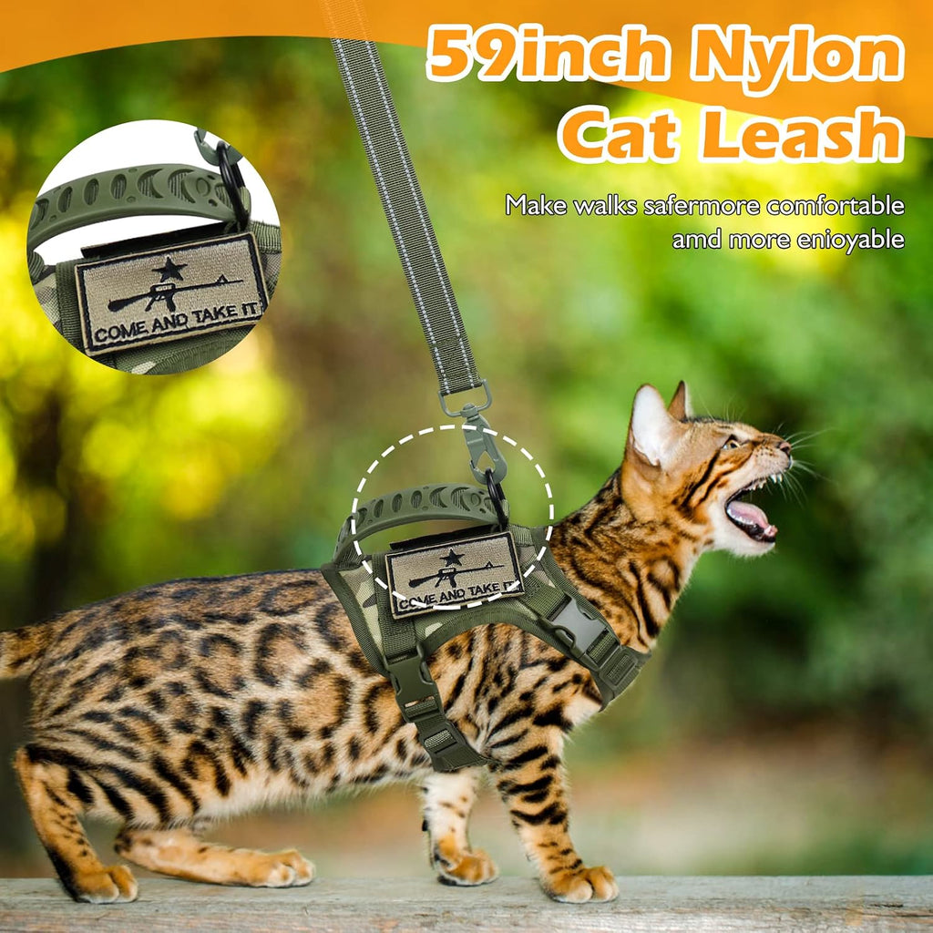 Tactical Cat Harness and Leash Set for Walking Escape Proof, Adjustable Large Cat Vest Harness with Molle Patches, Soft Mesh Padding, Rubber Handle Easy to Control