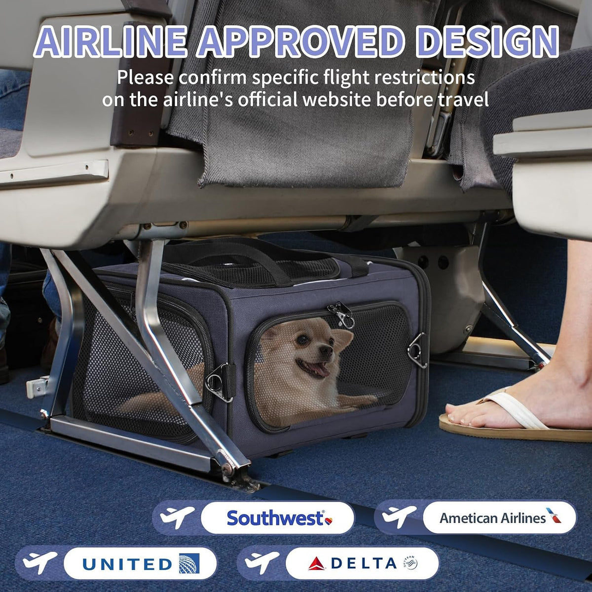 Petsfit Airline Approved Pet Carrier for Small Dogs & Cats, 19x9x12 TSA Approved Carrier, with Removable Dual-Sided Padding (2-Way Placement) - Fits Under Most Airplane Seats, Escape Proof (Navy)