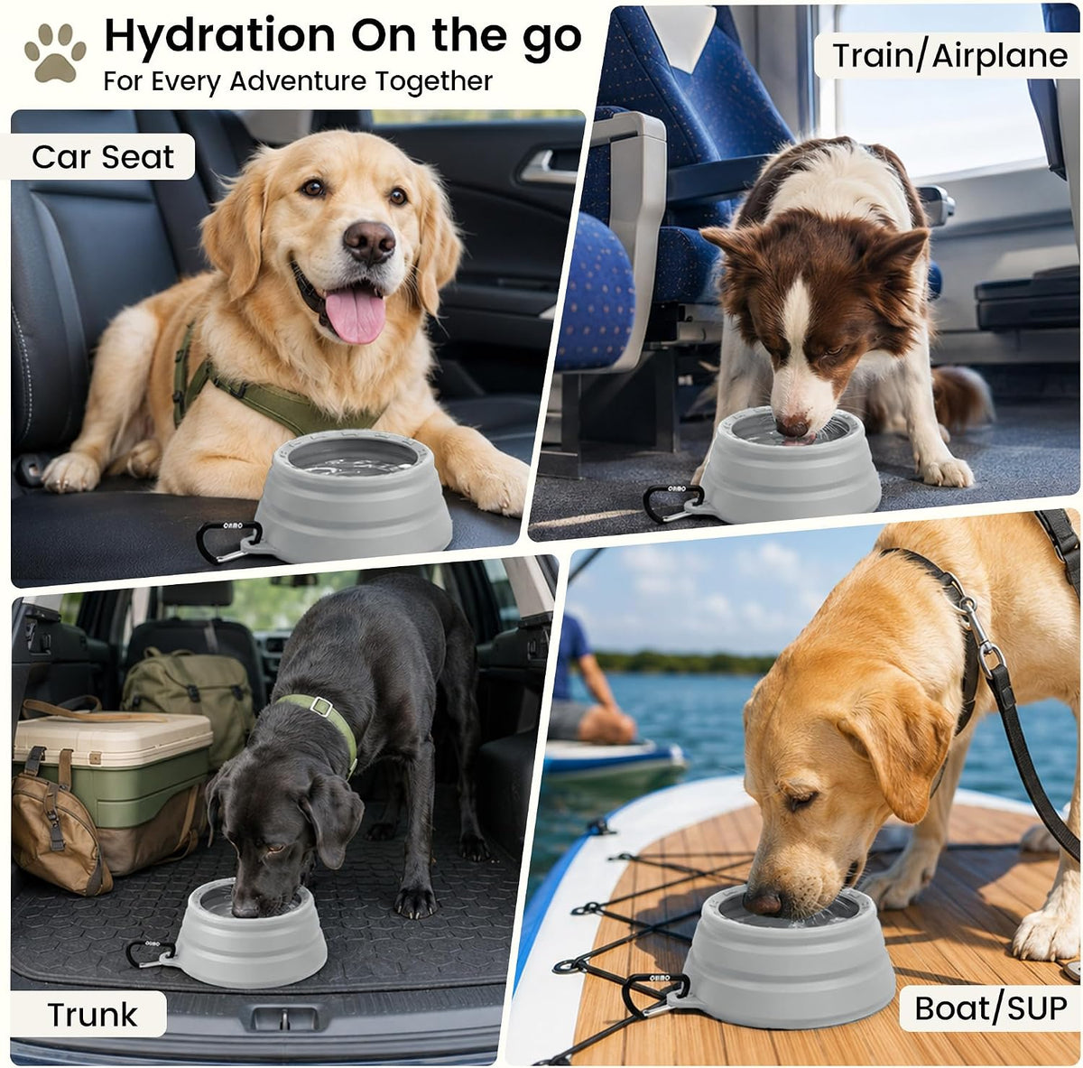 OHMO Spill Proof Collapsible Dog Bowl, 34oz Portable Dog Water Bowl | Low Center Gravity Stability, Tapered Splash Control, Foldable, Dishwasher Safe, Dog Travel Essential, Ash