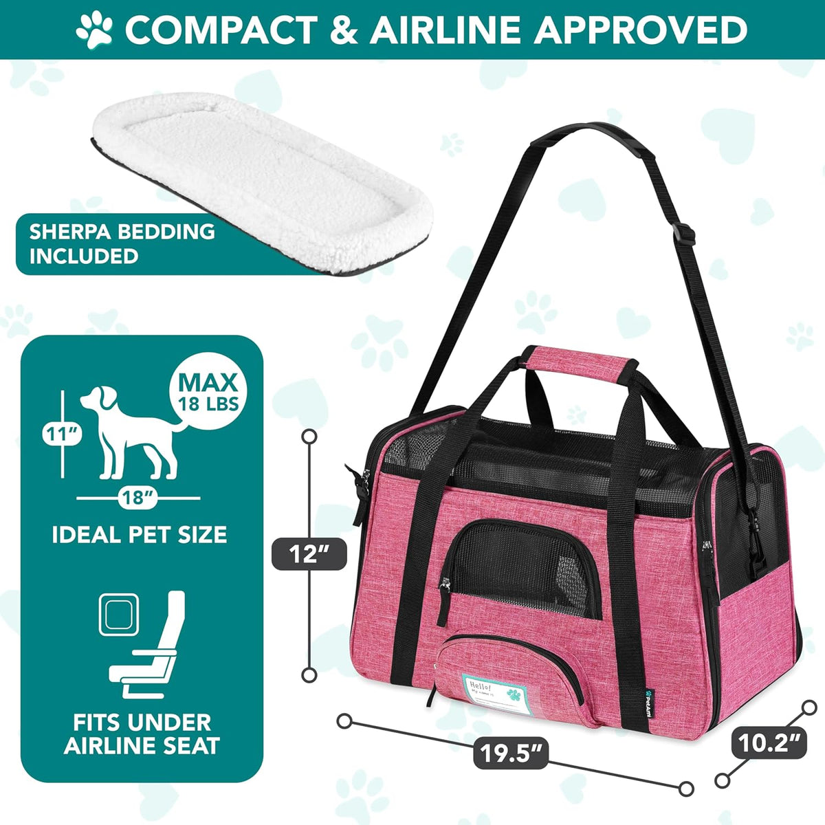 PetAmi Airline Approved Pet Carrier for Cats Small Dogs, Large Heather Pink