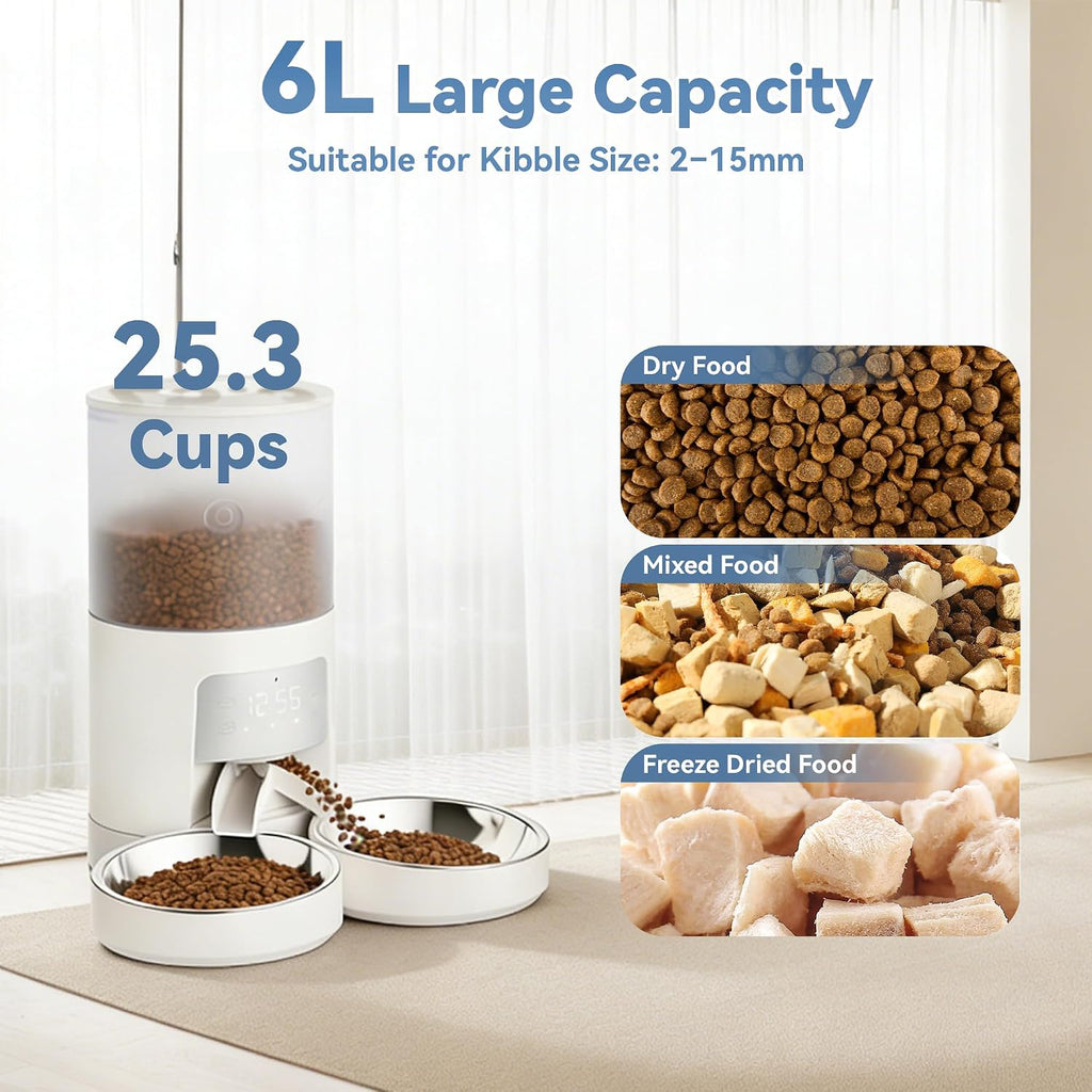 DUMOS 6L Automatic Cat Feeder for 2 Cats, Timed Pet Food Dispenser, White