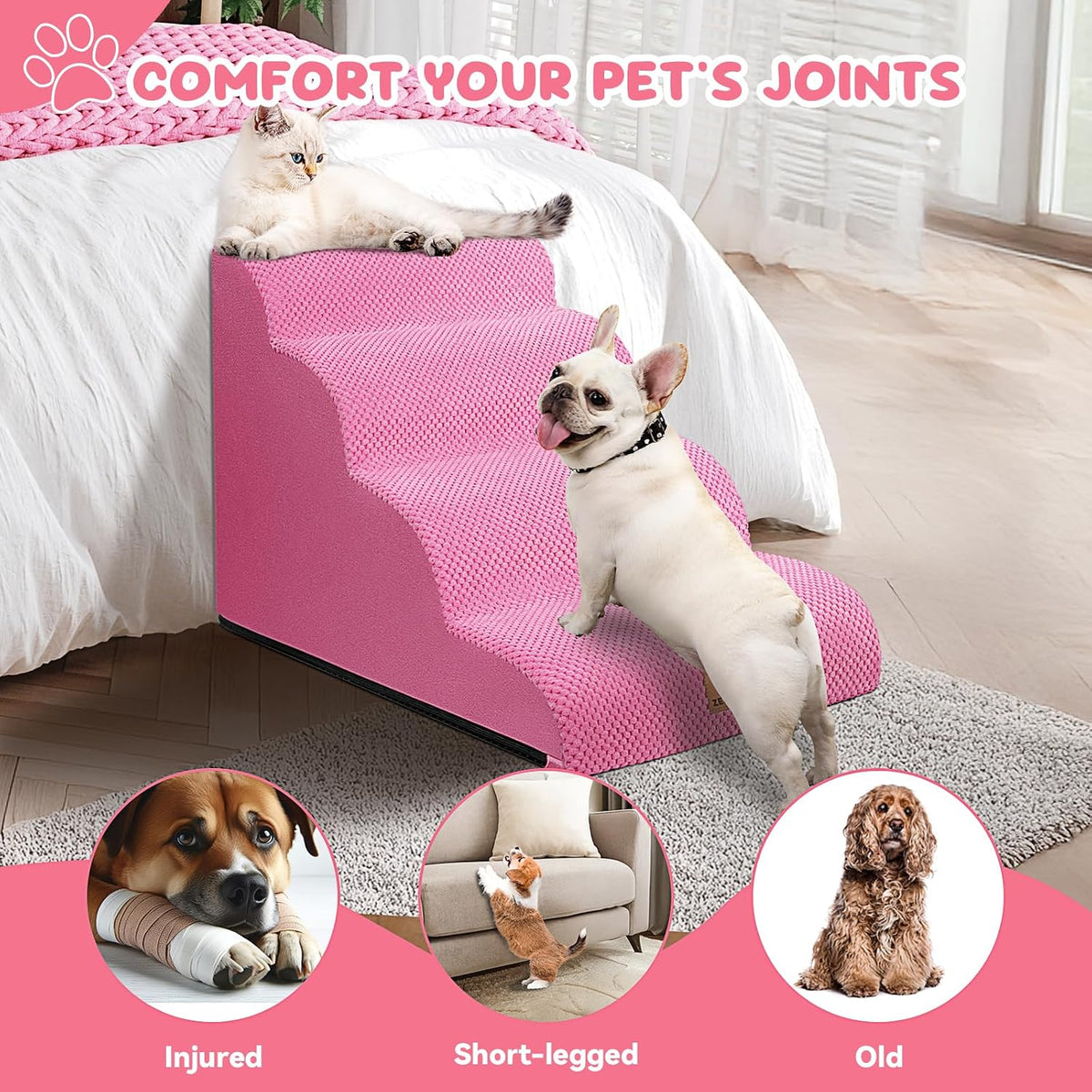Zerbuger Dog Ramp and Stairs for Bed, Pink 4 Steps 20" H, Nonslip Cover