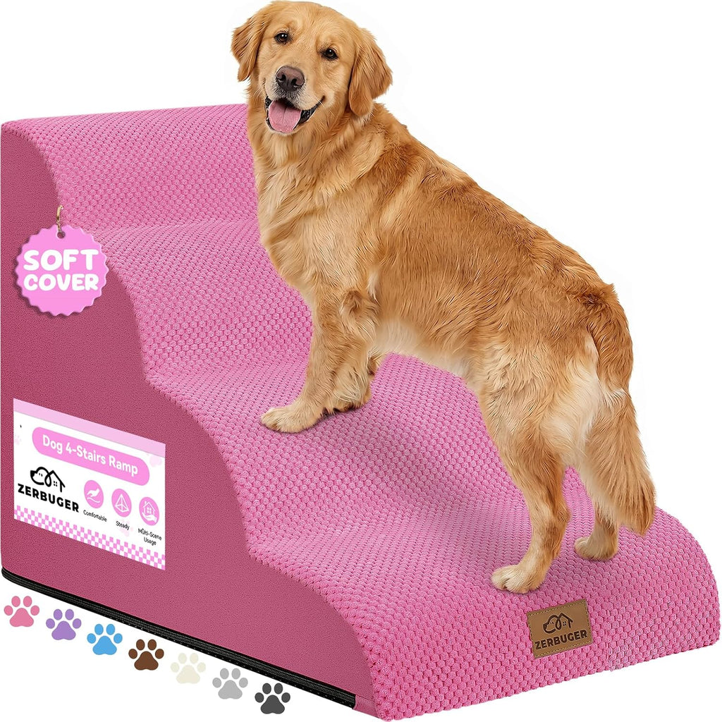 Zerbuger Dog Ramp and Stairs for Bed, Pink 4 Steps 20" H, Nonslip Cover