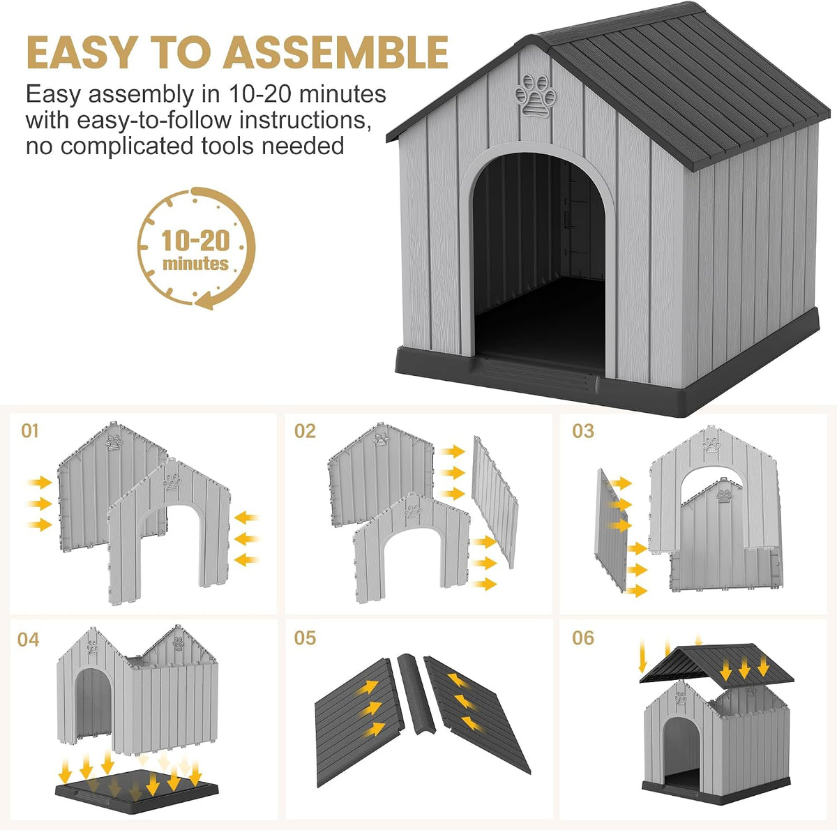 Fancyango Large Dog House Outdoor Indoor for Medium Large Dogs, Durable Plastic Waterproof Doghouse with Air Vents and Elevated Floor, Easy Clean and Assemble (Black, 36.2''L×38''W×38''H)