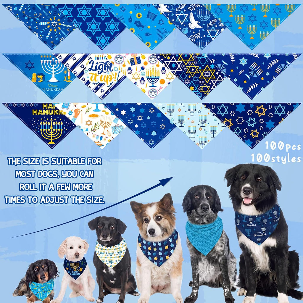 Huhumy 100 Pcs Hanukkah Dog Bandanas Bulk Bandana for Dogs Hanukkah Decor