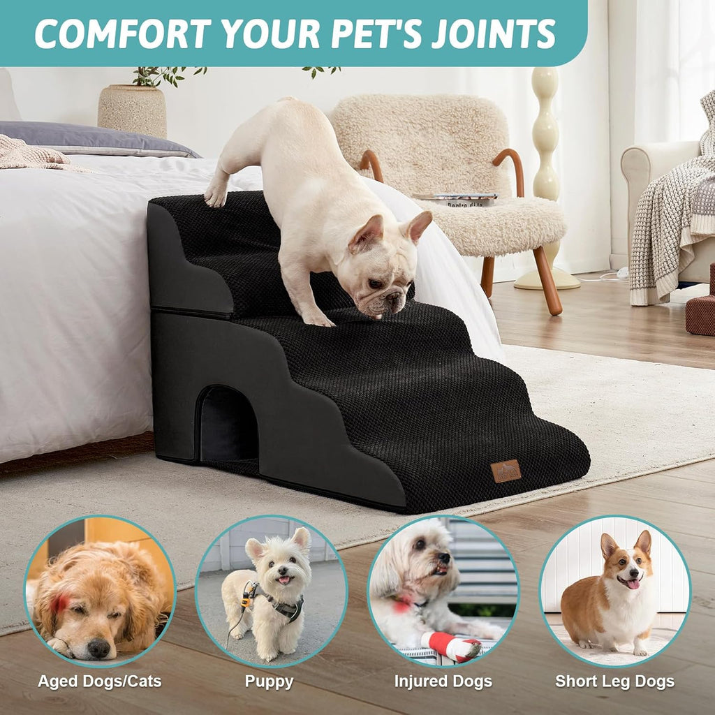COZY KISS Extra Wide Small Dog Stairs with Tunnel, Pet Step for Bed, Black
