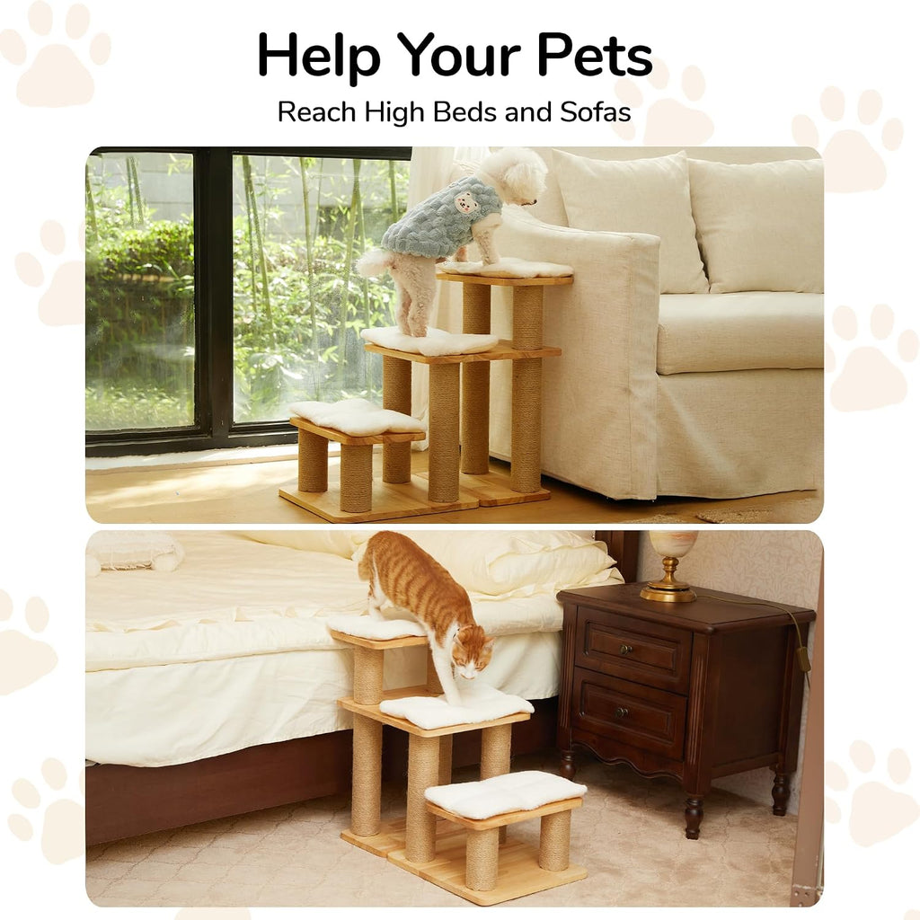 FUKUMARU Dog Stairs, Solid Wood Pet Stairs with Cat Scratching Post