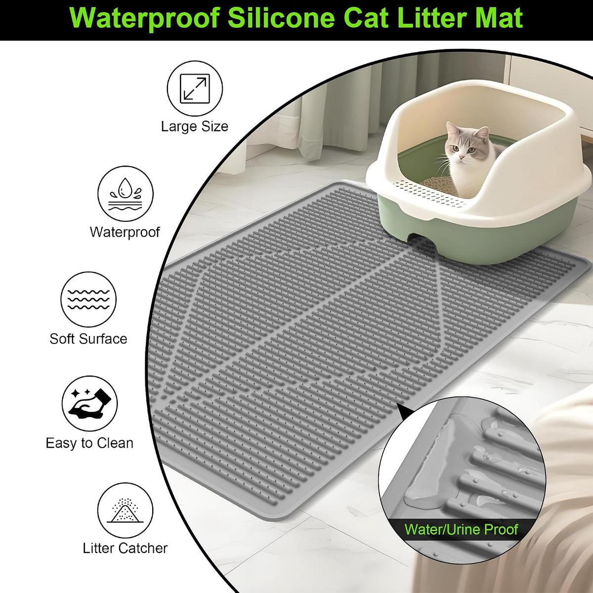 Mofason Rubber Large Cat Litter Mat, Grey Silicone Kitty Cat Litter Box Mat | Waterproof 28"x20" litter matt for cats; easy clean litter trapping catcher mat, cat litterbox mats, large pet mat cat indoor