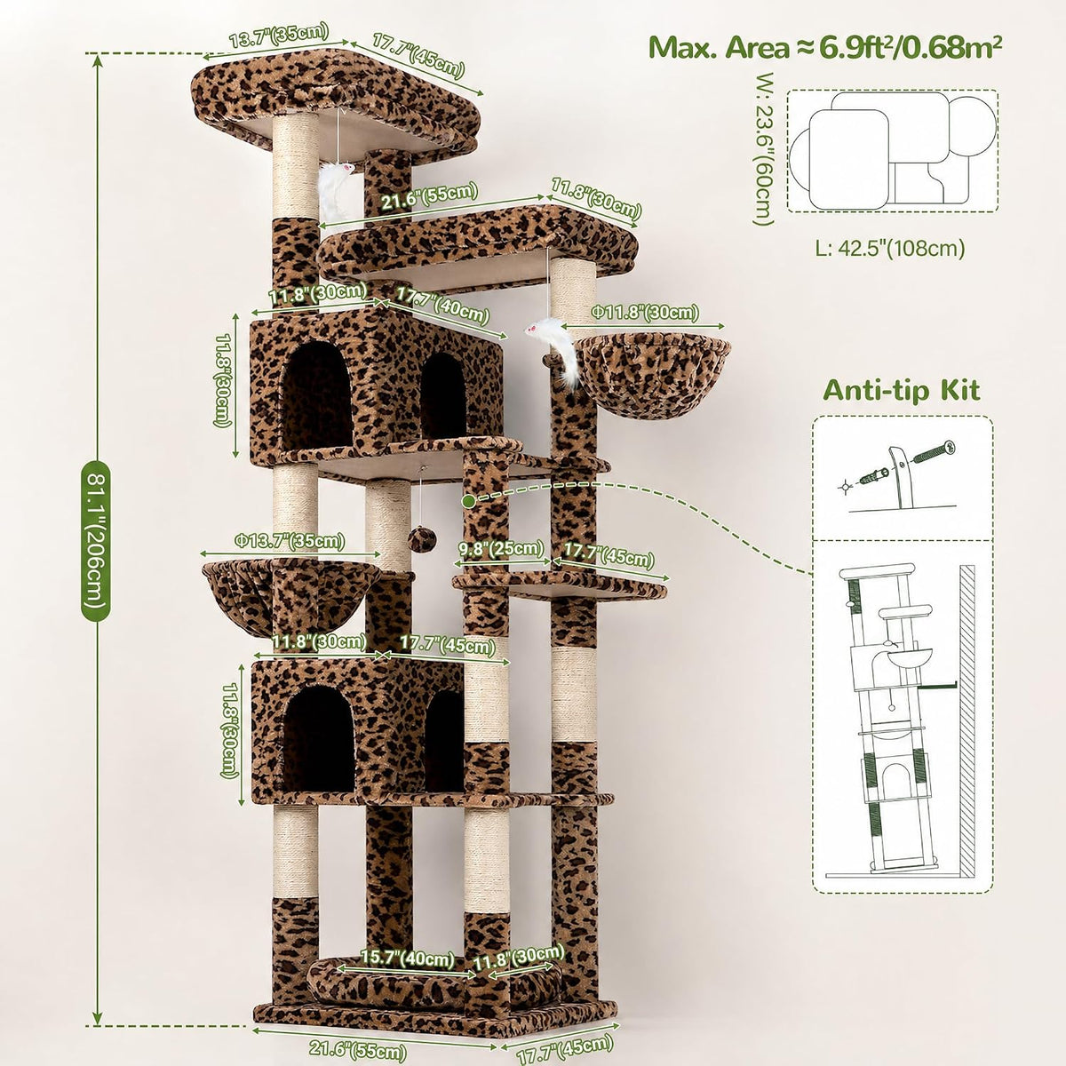 Globlazer Sturdy Extra Large Cat Tower for Indoor Cats, S81C, Leopard Print