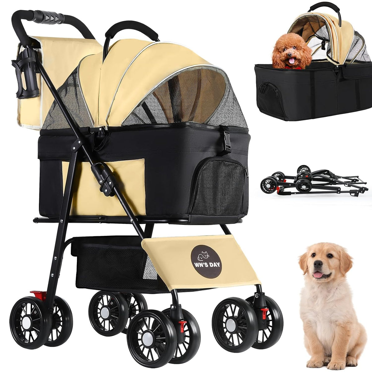 3 in 1 Cat Dog Stroller for Medium Dogs 20 lbs,Pet Stroller for Cats(Brown)