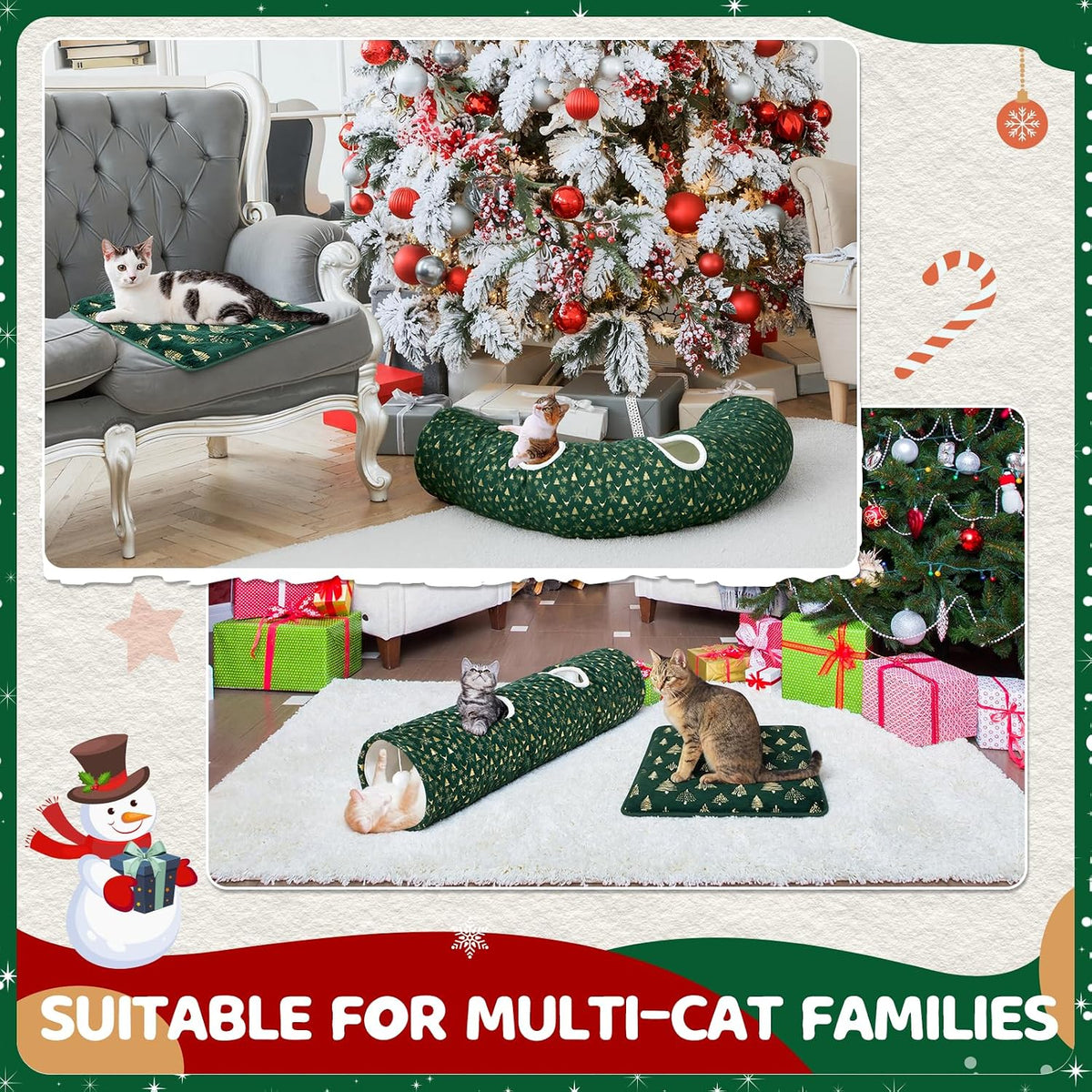 Thyle 2 Pcs Christmas Cat Tunnel & Self Heating Pad, Indoor, 49×12 in Green