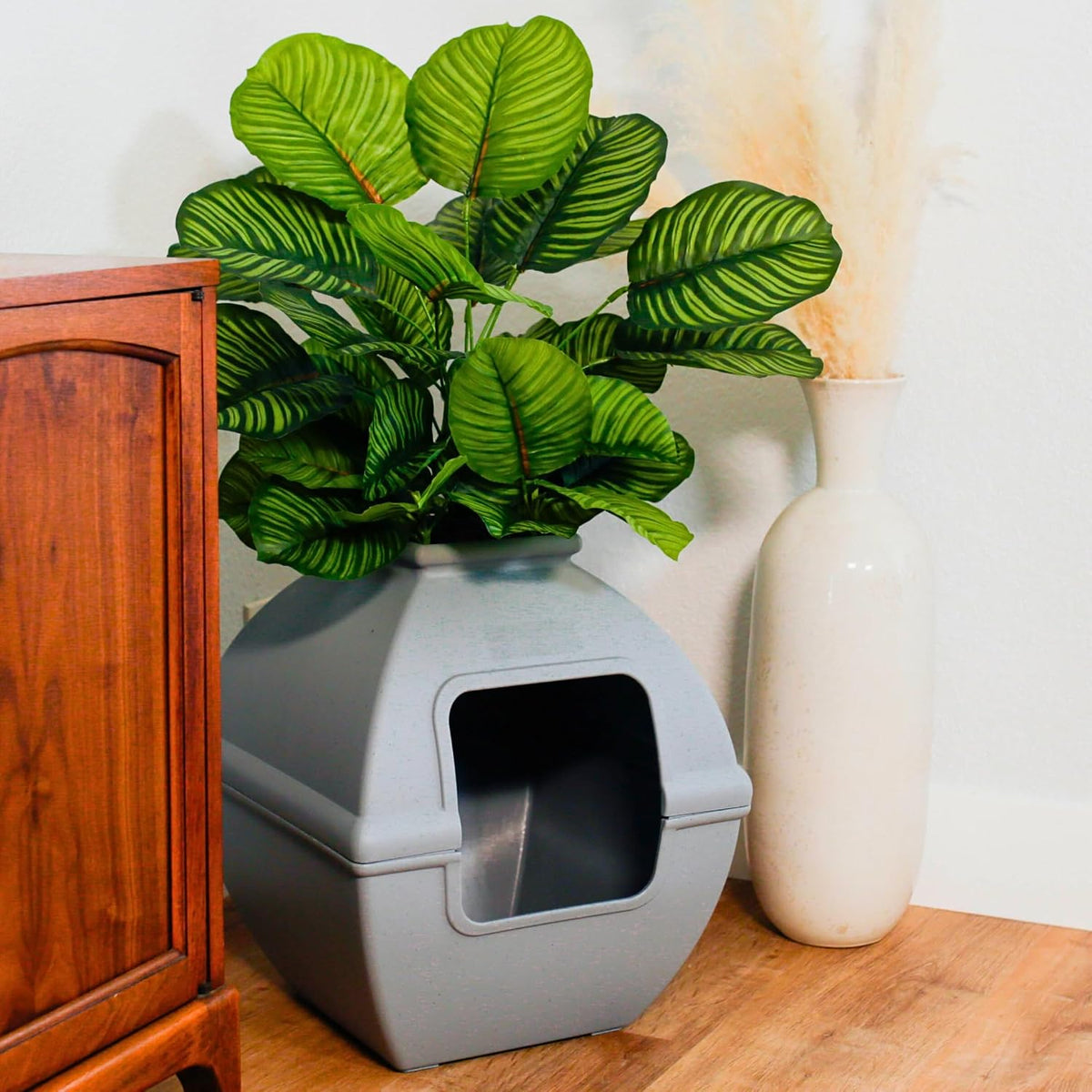 Good Pet Stuff Courtyard Hidden Litter Box Planter, Decorative Cat Litter Enclosure with Carbon Filter, Artificial Palm Plant, Square Design, Easy to Clean, Base Kit, Stone Gray