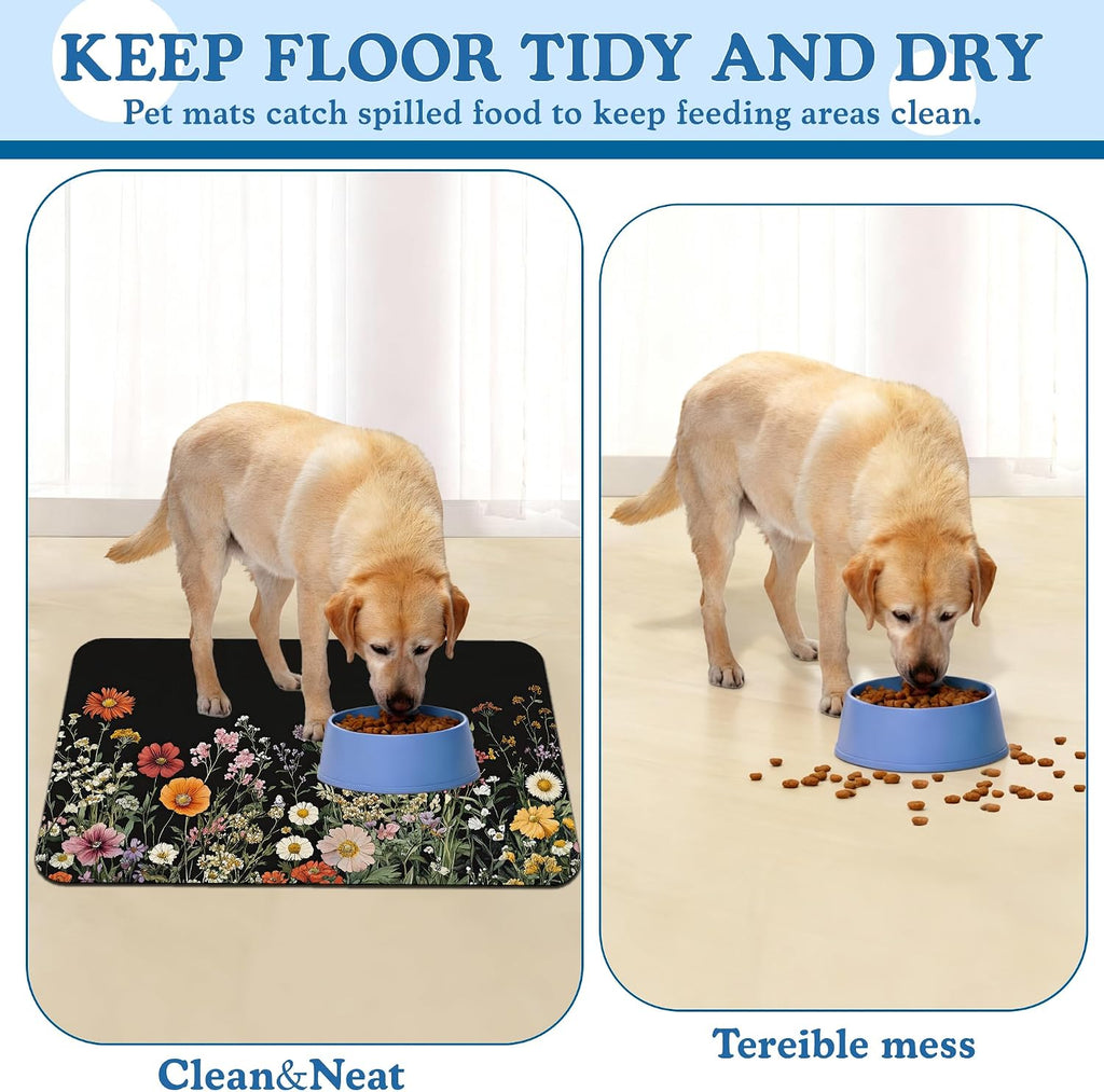 Vintage Wild Herbs Dog Cat Food Mat–Absorbent Waterproof Placemat for Food and Water Bowls, Non Slip Rubber Backing, Feeding Mat for Clean Floors 12"x20"