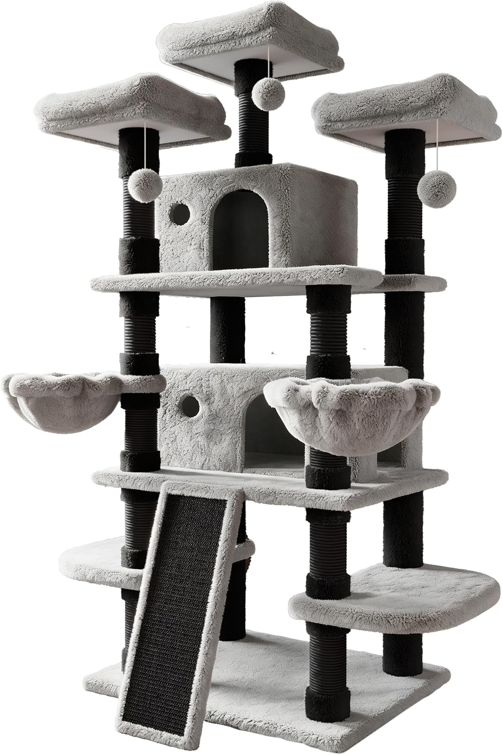 SHA CERLIN 68 Inches Multi-Level Large Cat Tree for Large Kitties/Big Cat Tower with Condo/Cozy Plush ‌Pussycat Perches/Sisal Scratching Posts and Hammocks/Activity Center/Black & Grey
