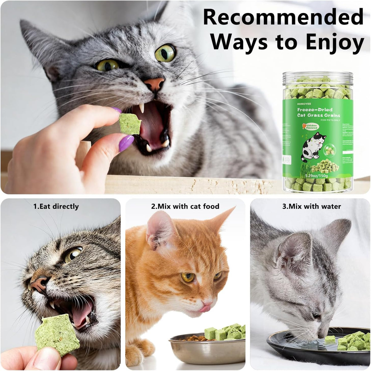 Freeze-Dried Cat Grass Treats 150g/5.29 oz, Natural Granules for Hairball Removal & Dental Care, Dried Root Snacks Sticks for Cats