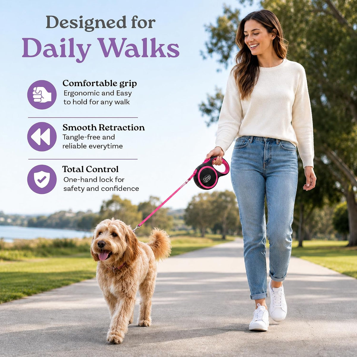 Retractable Dog Leash, 44 LBS /16FT Long, Small & Medium Dogs, Pink