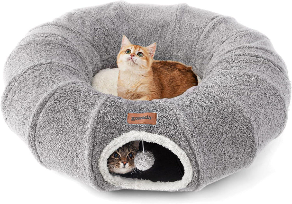 ZOMISIA Cat Tunnel Bed for Indoor Cats, Cute Cat Donut Toy Tunnel for Small Large Cats, Peekaboo Pet Cave Play Tunnel for Kitten/Rabbit,Grey