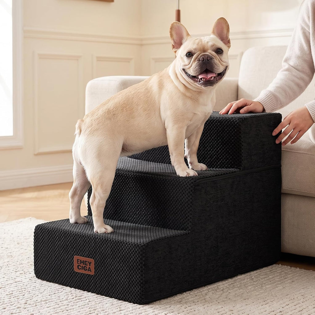 EHEYCIGA Dog Stairs 13.5" H, 3-Step Extra Wide Dog Steps, Black