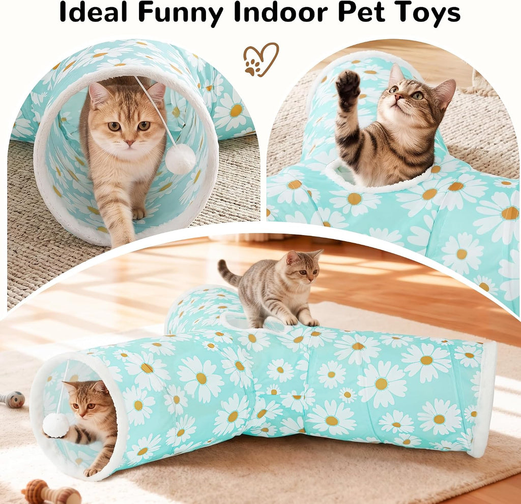 Tempcore Cat Tunnel, 3-Way Collapsible Toy, Large Size Daisy Blue Printed | Large Size 3-Way Cat Tunnel Provides More Room for Cats to Run, Hide and Chase, with Peek Holes, Hanging Ball and Teaser Wand