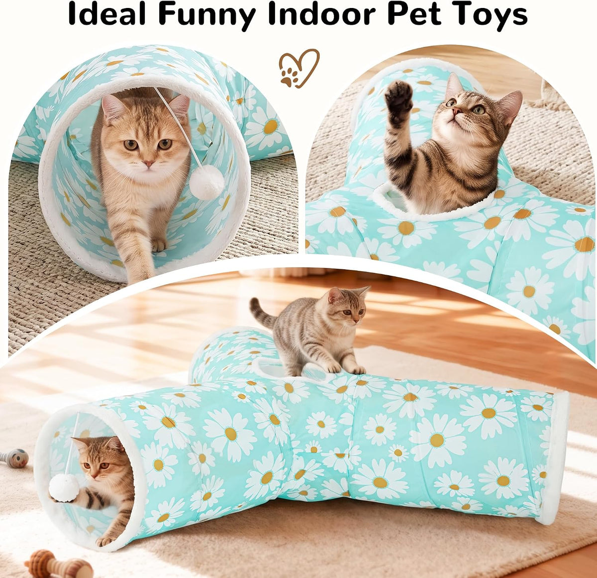 Tempcore Cat Tunnel, 3-Way Collapsible Toy, Large Size Daisy Blue Printed | Large Size 3-Way Cat Tunnel Provides More Room for Cats to Run, Hide and Chase, with Peek Holes, Hanging Ball and Teaser Wand