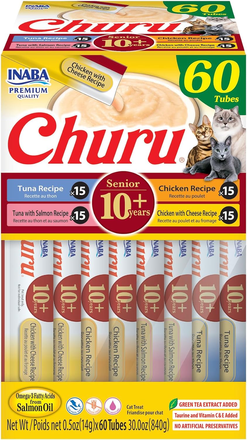 INABA Churu Senior Lickable Cat Treats, Tuna Chicken Variety, 60ct