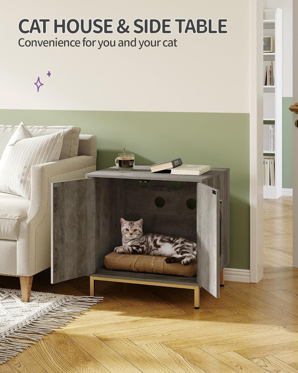 Hzuaneri Cat Litter Box Enclosure, Hidden Litter Box Furniture, Sisal Mat | Wooden Indoor Cat Cabinet, Modern Cat Washroom, Side End Table, for Living Room, Bedroom, Greige and Gold CB81205G