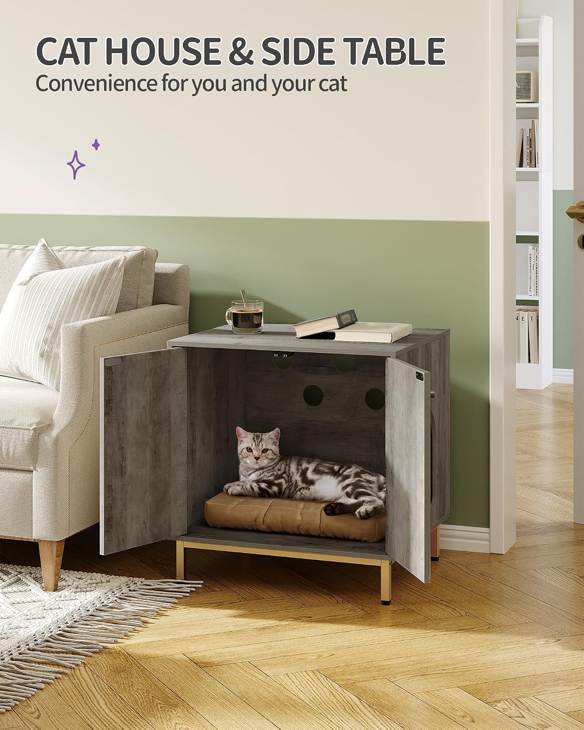 Hzuaneri Cat Litter Box Enclosure, Hidden Litter Box Furniture, Sisal Mat | Wooden Indoor Cat Cabinet, Modern Cat Washroom, Side End Table, for Living Room, Bedroom, Greige and Gold CB81205G
