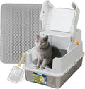 TENTIZON Stainless Steel Cat Litter Box with Lid, Large Covered Enclosed Kitty Litterbox with Hood, Flip Top, High Side, Litter Mat, Scoop for Big Cats, Kitten, No Odor, No Mess, Easy Clean, Grey